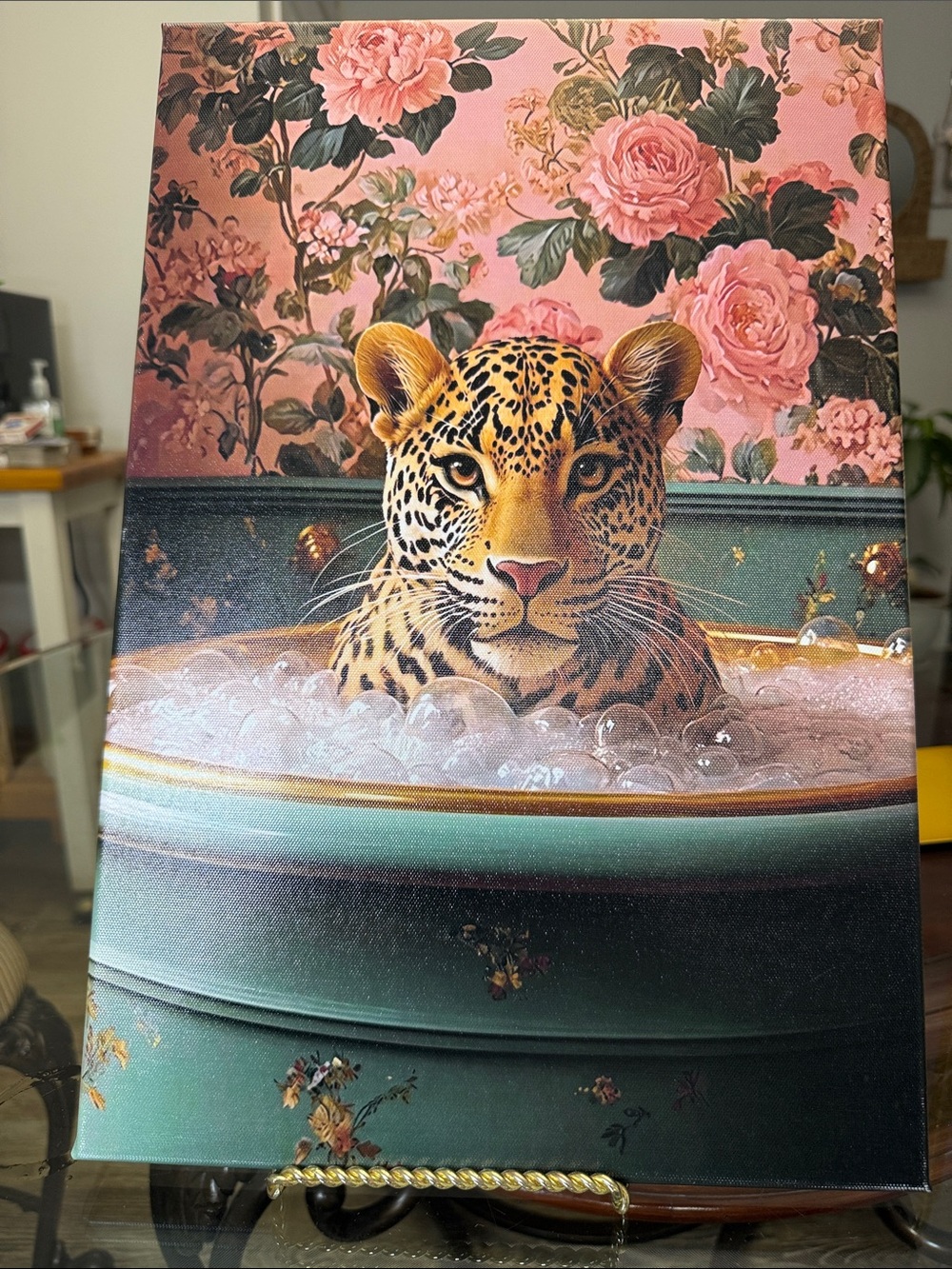 Leopard in Bathtub Floral Canvas Wall Art - Pink & Teal